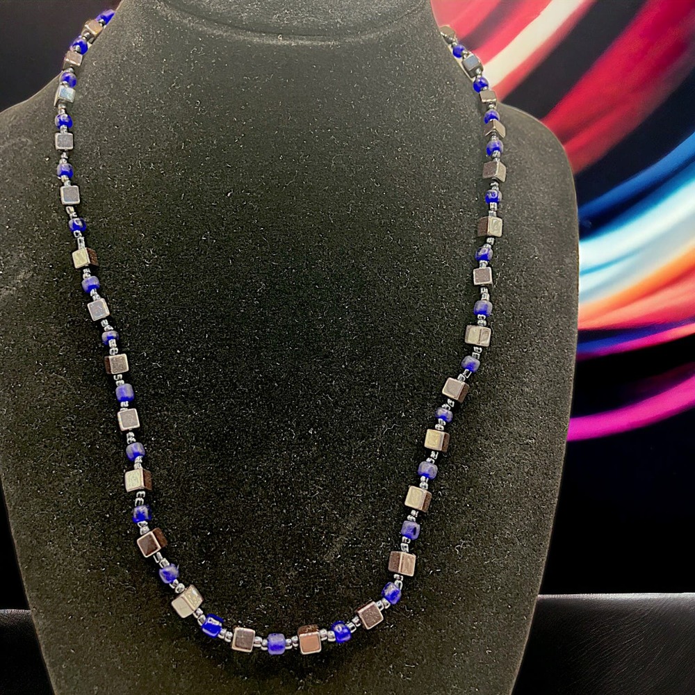 Blue, Black & Silver-Tone Square Beaded Handmade Necklace Germany!